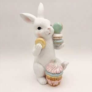 Sweet Treats Easter Bunny Rabbit Figure Holding Macarons Cupcake Spring Decor